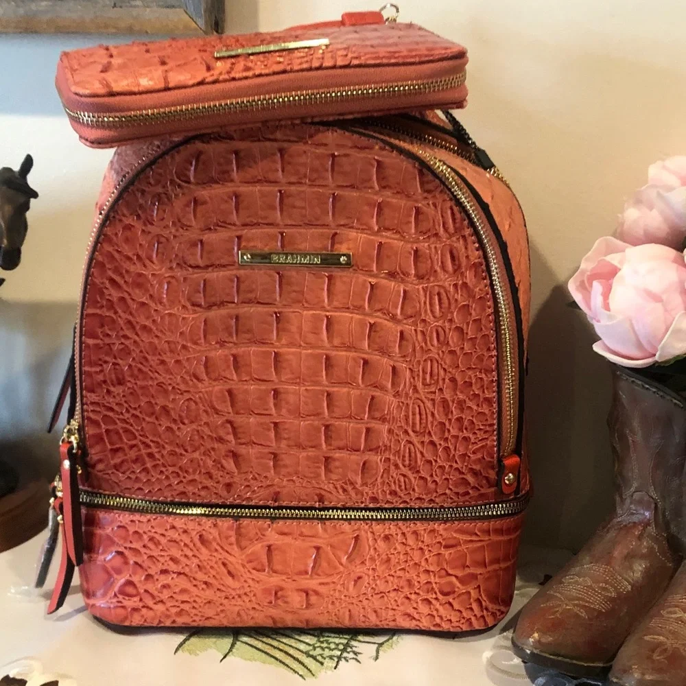 Source Unknown Coral Croc-Embossed Backpack with Matching Wristlet